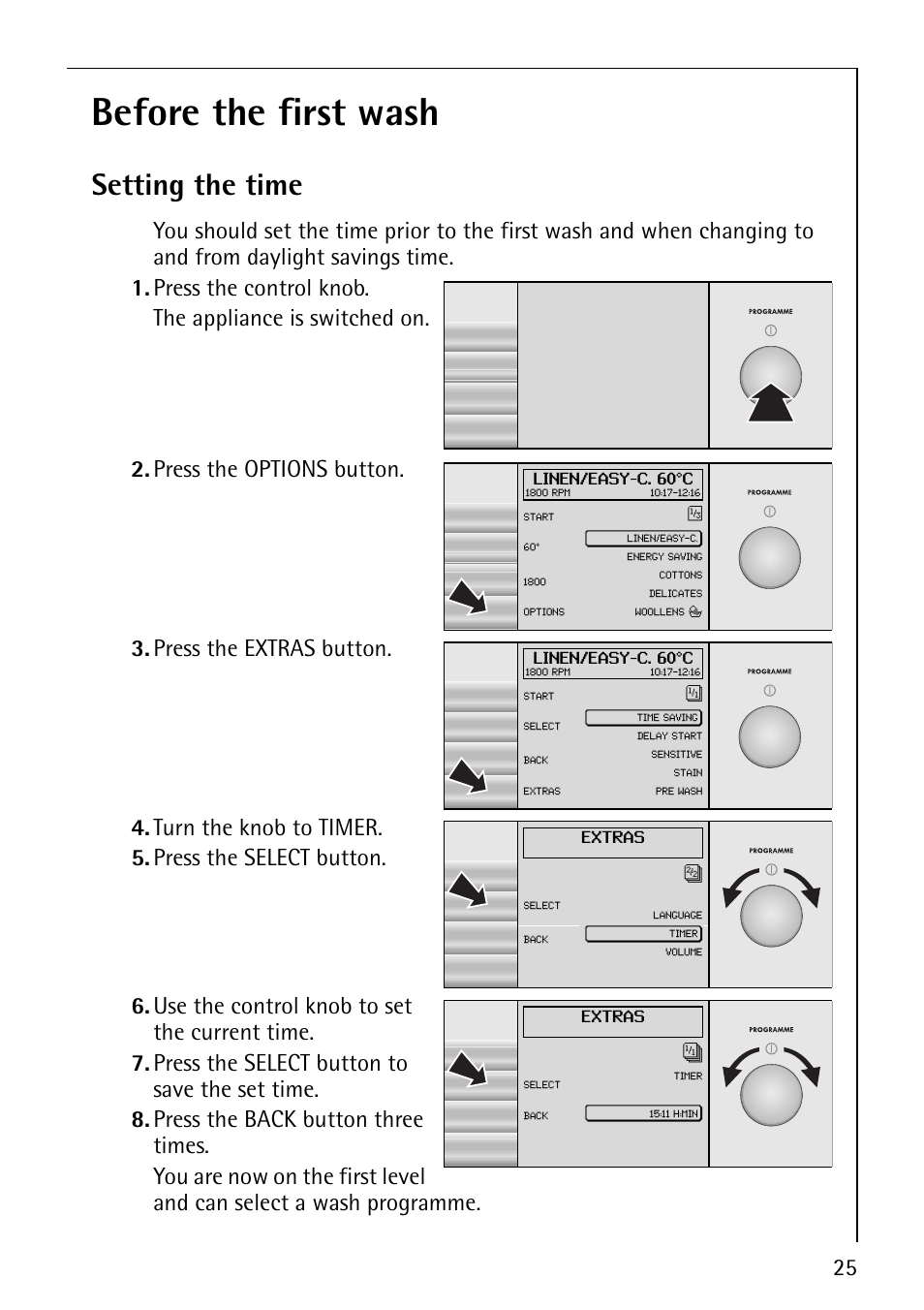 Before the first wash, Setting the time, Press the options button | Press the extras button, Turn the knob to timer. 5. press the select button | AEG REGINA 1850 User Manual | Page 25 / 68