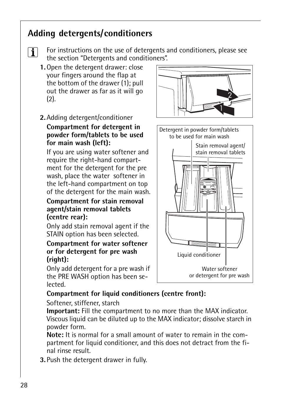 Adding detergents/conditioners | AEG REGINA 1850 User Manual | Page 28 / 68