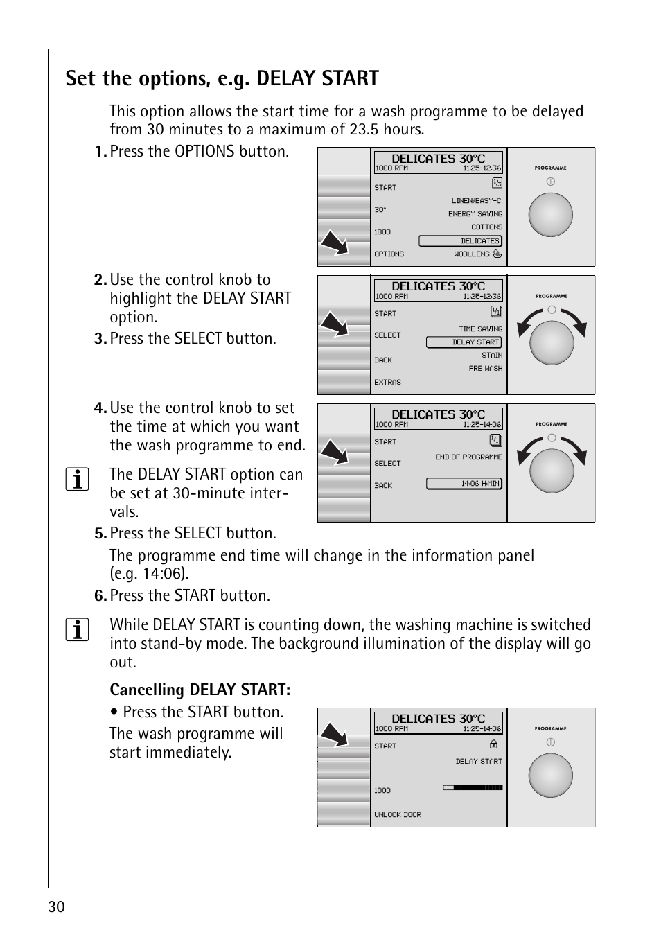 Set the options, e.g. delay start, Press the options button | AEG REGINA 1850 User Manual | Page 30 / 68