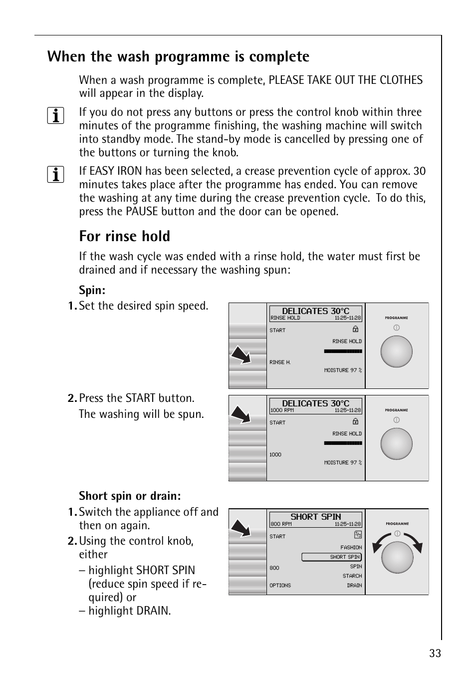 When the wash programme is complete, For rinse hold, Set the desired spin speed | AEG REGINA 1850 User Manual | Page 33 / 68