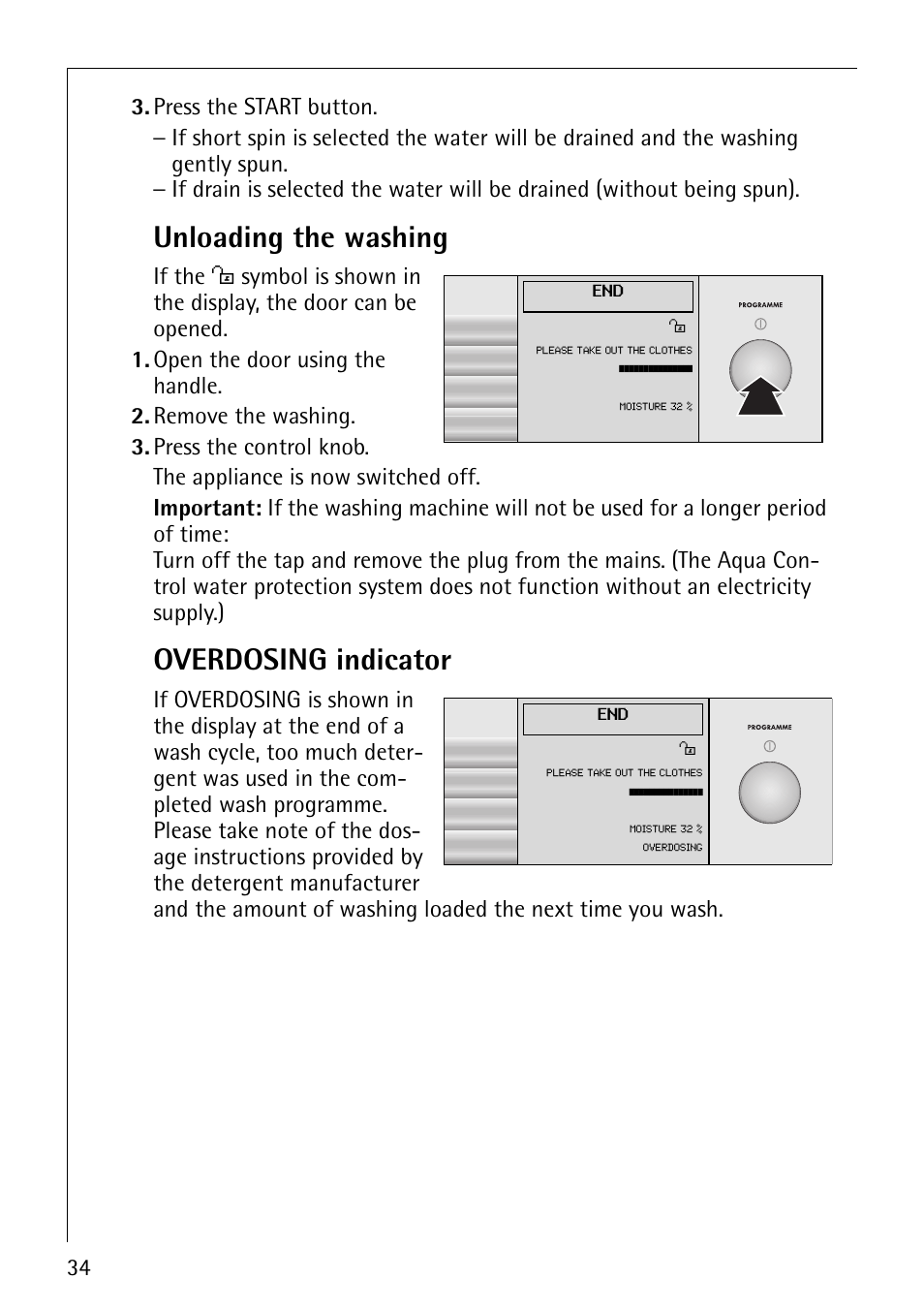 Unloading the washing, Overdosing indicator, If the o | AEG REGINA 1850 User Manual | Page 34 / 68
