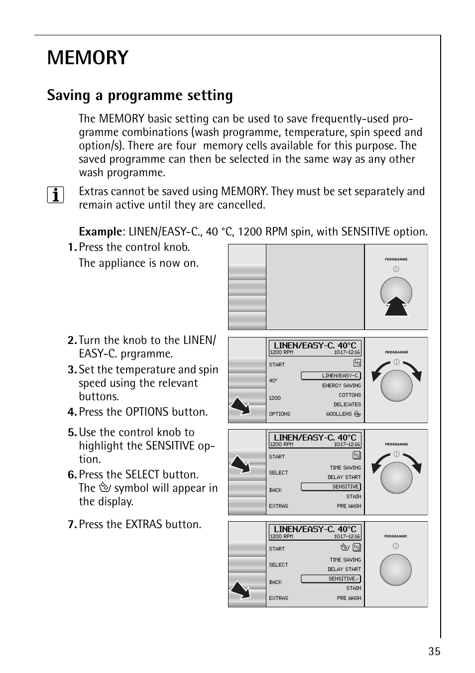 Saving a programme setting, Press the control knob. the appliance is now on, Press the extras button | AEG REGINA 1850 User Manual | Page 35 / 68