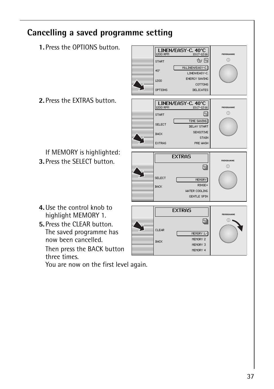 Cancelling a saved programme setting, Press the options button, Press the extras button | AEG REGINA 1850 User Manual | Page 37 / 68