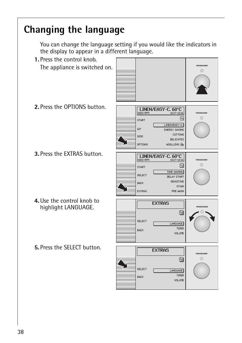 Changing the language, Press the options button, Press the extras button | Use the control knob to highlight language, Press the select button | AEG REGINA 1850 User Manual | Page 38 / 68