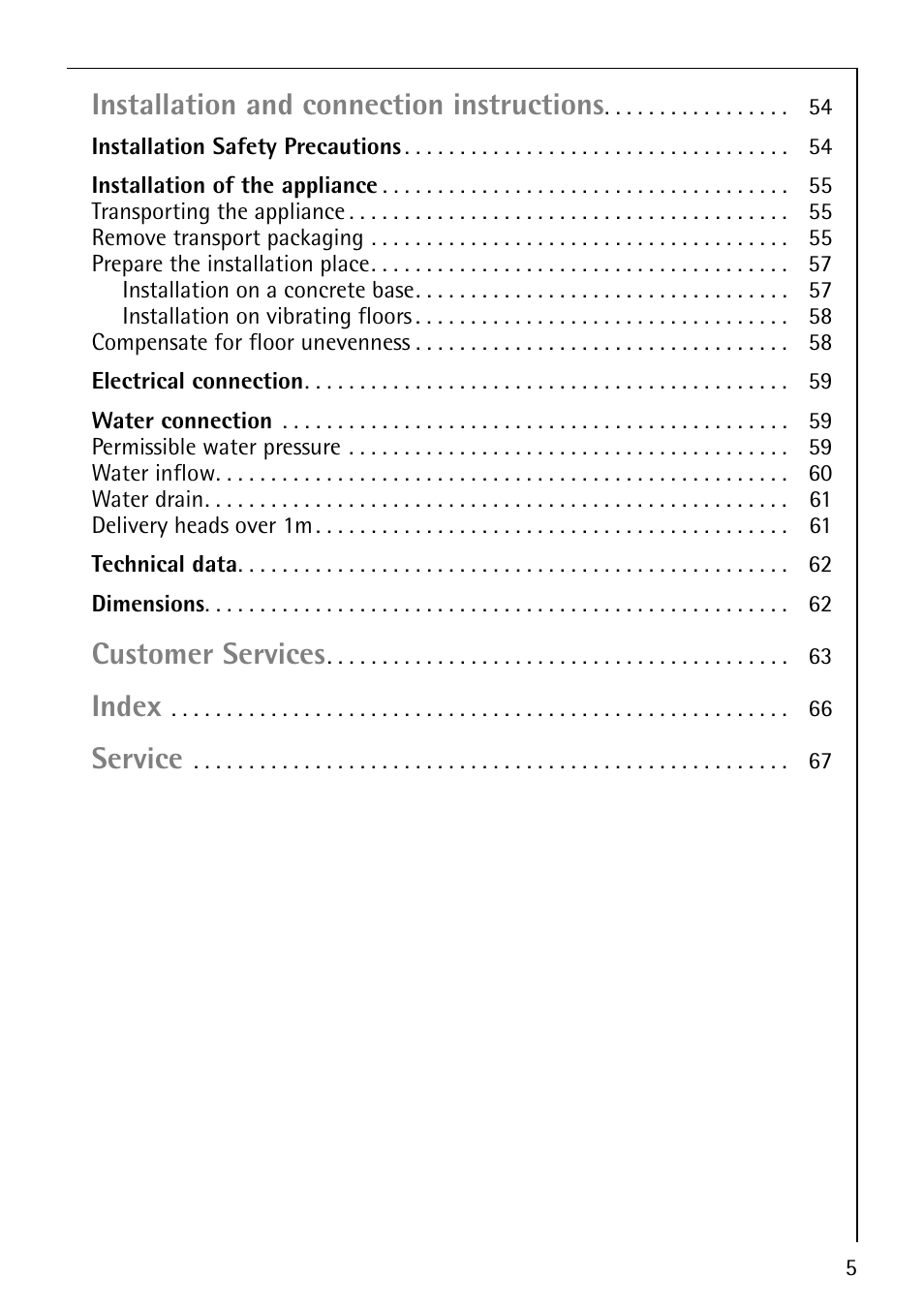Installation and connection instructions, Customer services, Index | Service | AEG REGINA 1850 User Manual | Page 5 / 68