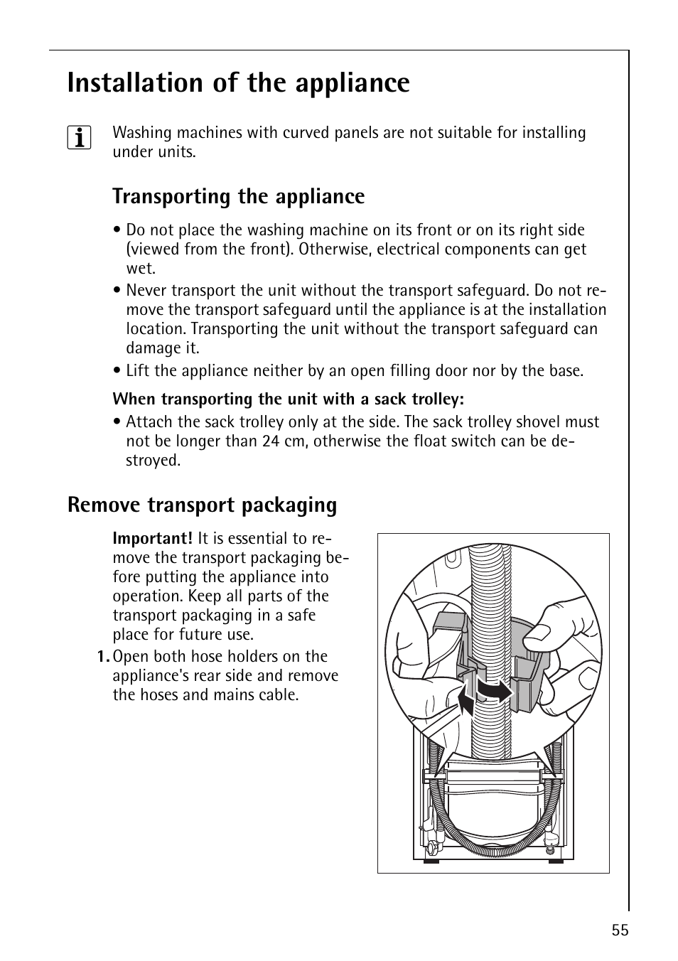 Installation of the appliance 3, Transporting the appliance, Remove transport packaging | AEG REGINA 1850 User Manual | Page 55 / 68