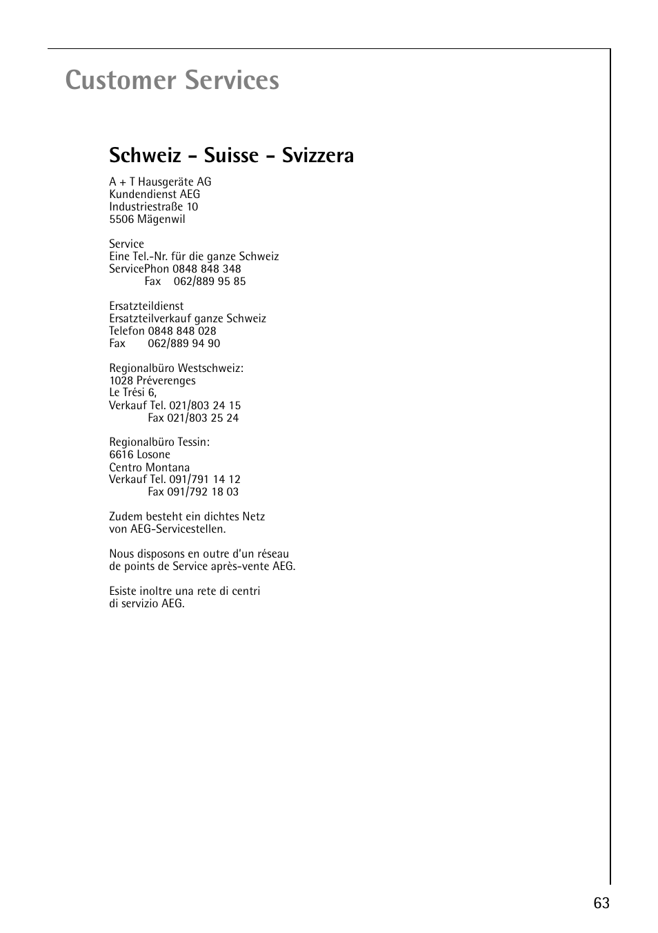 Customer services, Schweiz - suisse - svizzera | AEG REGINA 1850 User Manual | Page 63 / 68