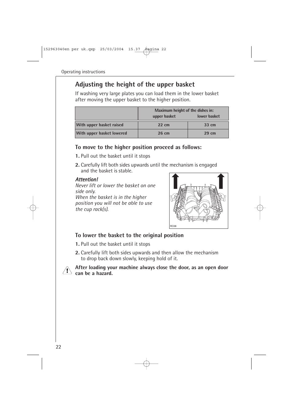 Adjusting the height of the upper basket | AEG FAVORIT 64070 VIL User Manual | Page 22 / 48