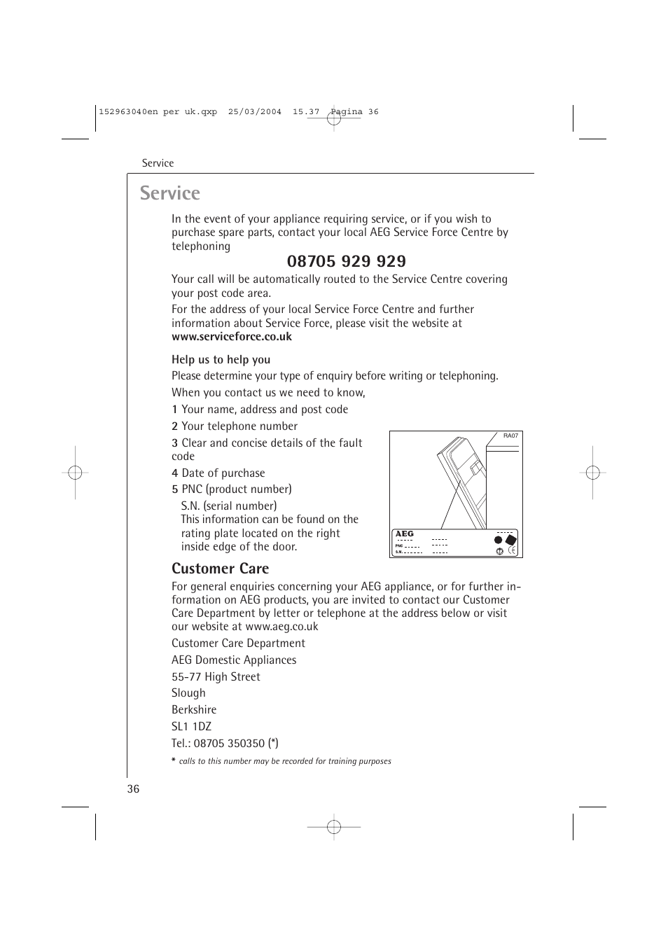 Service, Customer care | AEG FAVORIT 64070 VIL User Manual | Page 36 / 48
