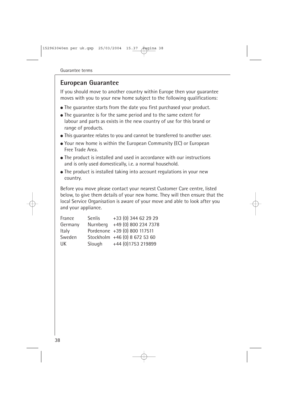 European guarantee | AEG FAVORIT 64070 VIL User Manual | Page 38 / 48
