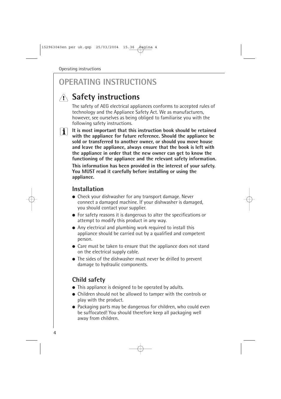 Operating instructions safety instructions, Installation, Child safety | AEG FAVORIT 64070 VIL User Manual | Page 4 / 48
