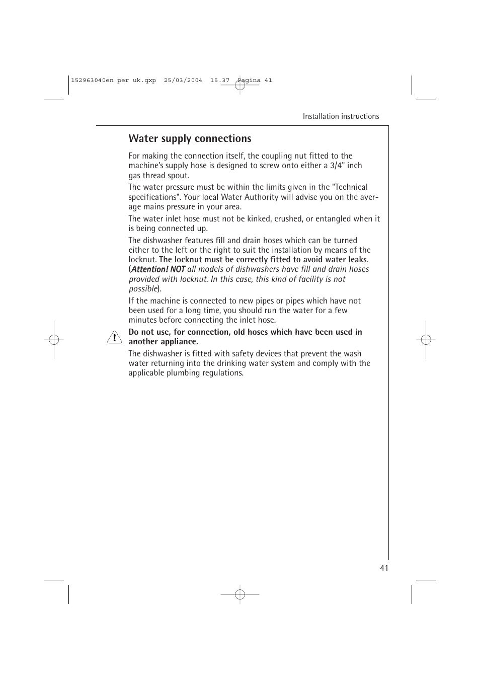 Water supply connections | AEG FAVORIT 64070 VIL User Manual | Page 41 / 48