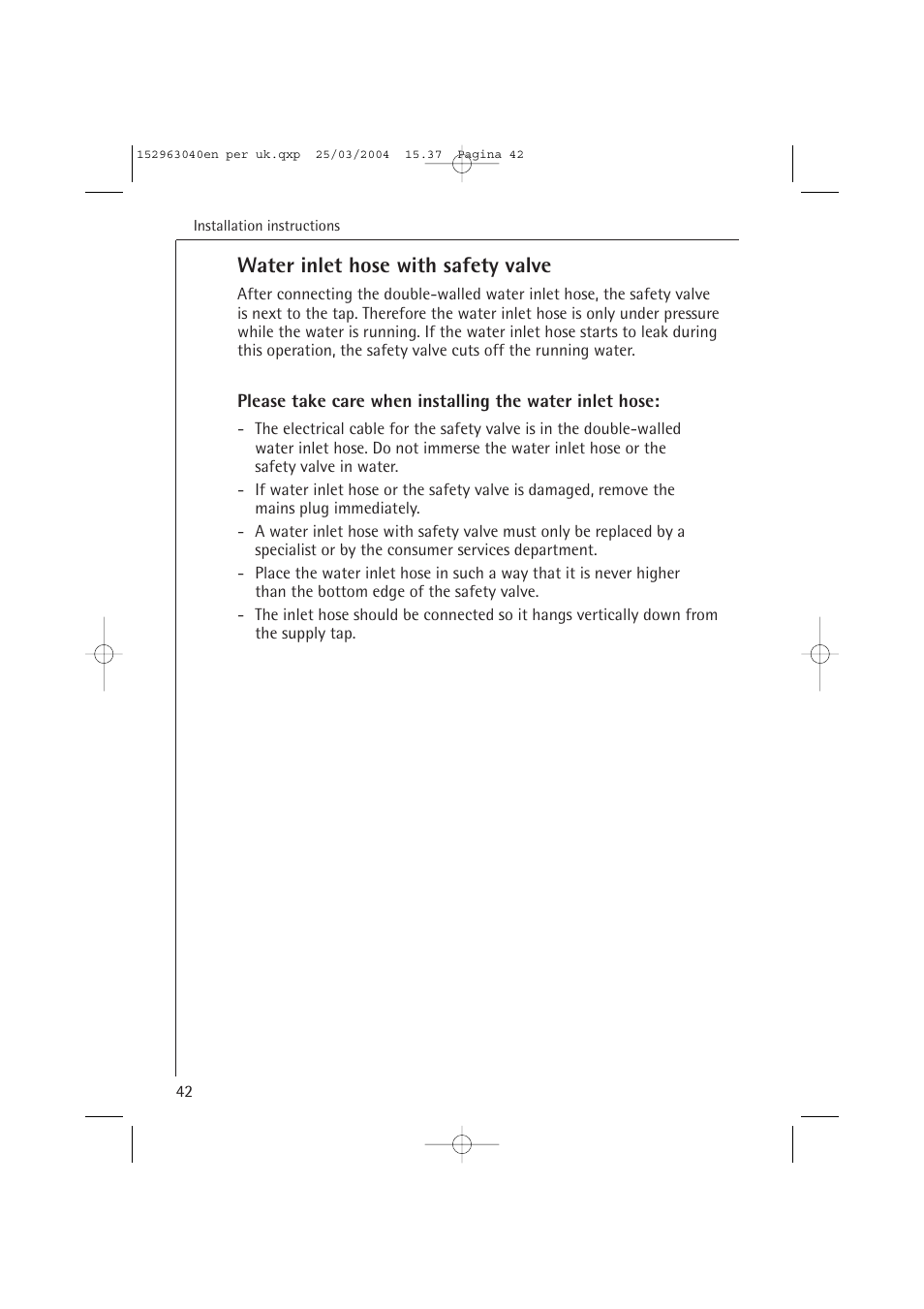 Water inlet hose with safety valve | AEG FAVORIT 64070 VIL User Manual | Page 42 / 48