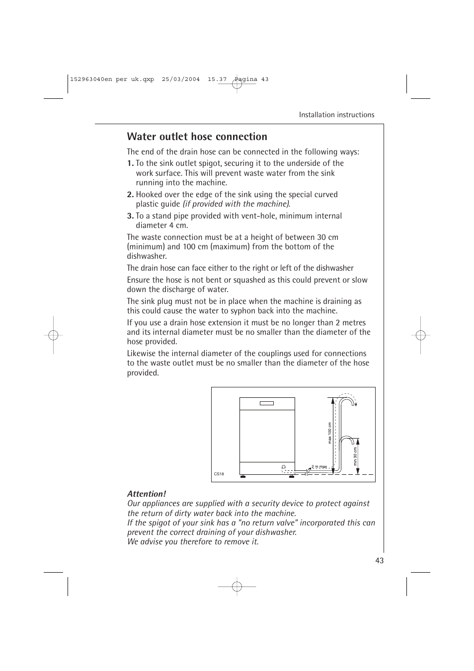 Water outlet hose connection | AEG FAVORIT 64070 VIL User Manual | Page 43 / 48