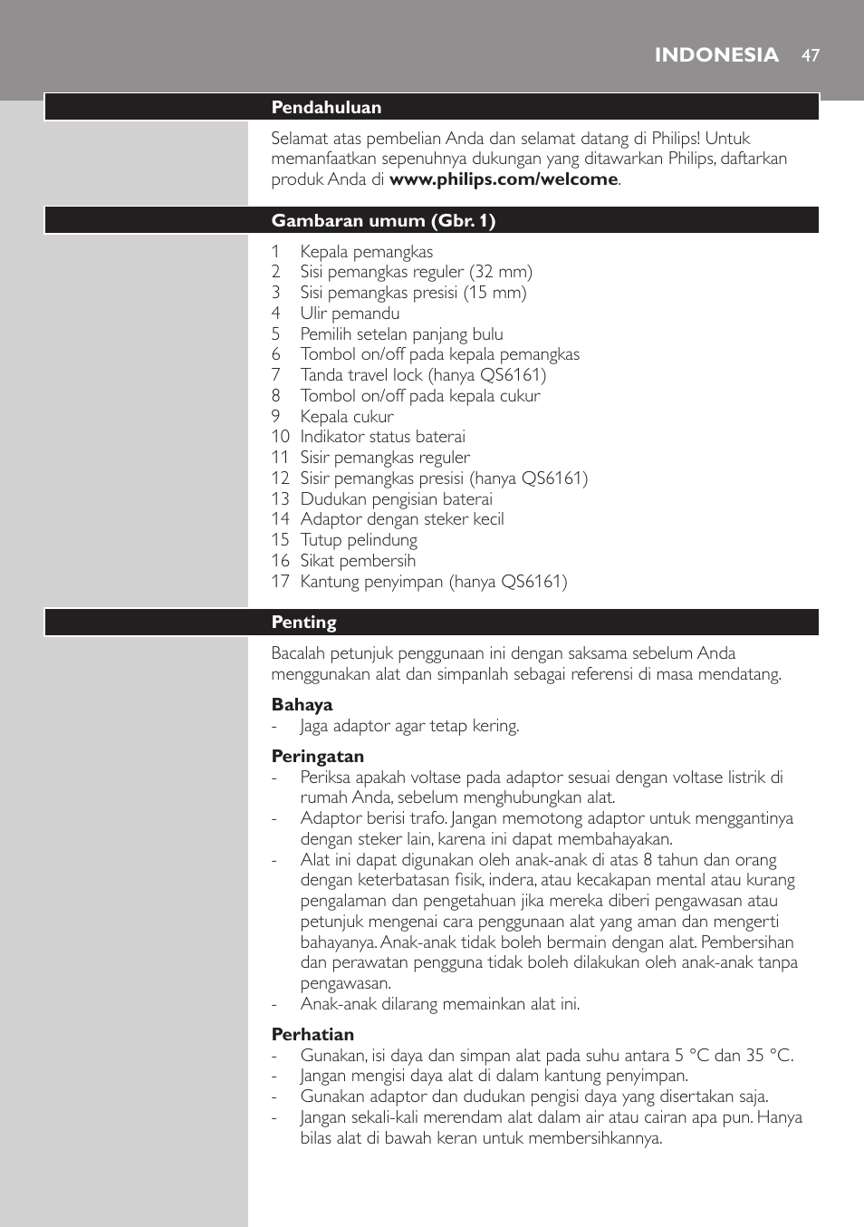 Indonesia, Indonesia 47 | Philips StyleShaver Perfilador y afeitadora resistente al agua User Manual | Page 47 / 182