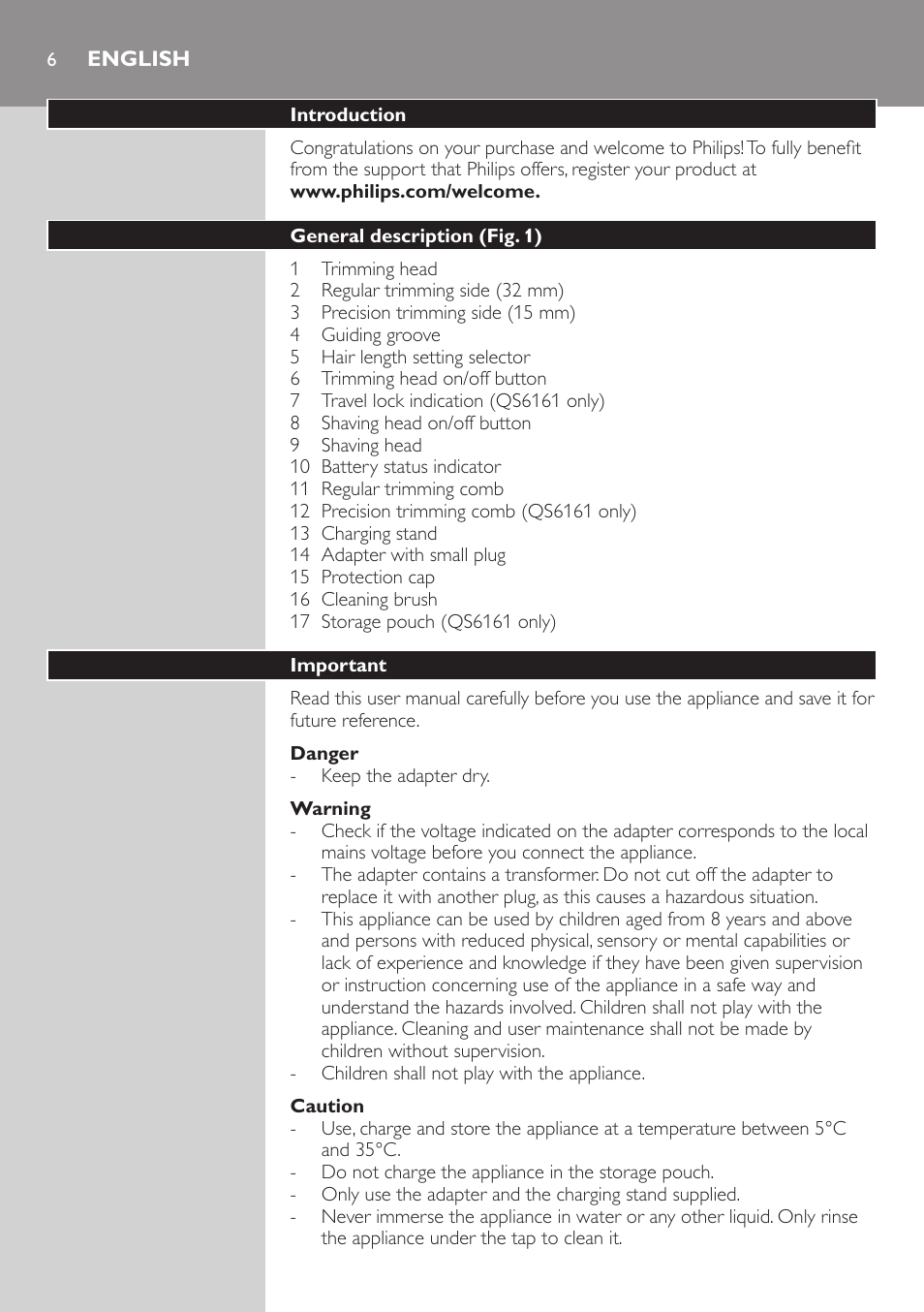 English | Philips StyleShaver Perfilador y afeitadora resistente al agua User Manual | Page 6 / 182