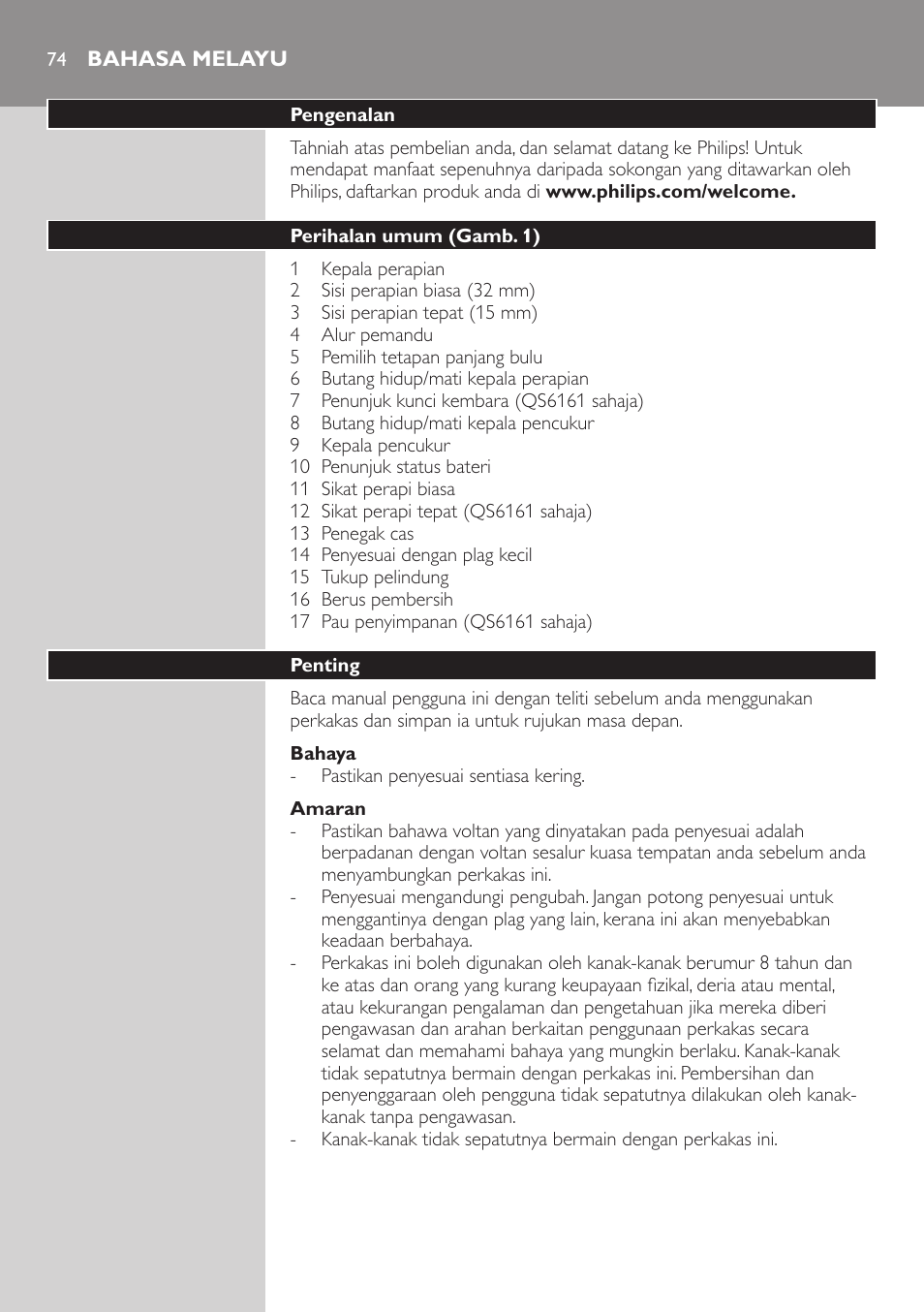 Bahasa melayu, Bahasa melayu 74 | Philips StyleShaver Perfilador y afeitadora resistente al agua User Manual | Page 74 / 182