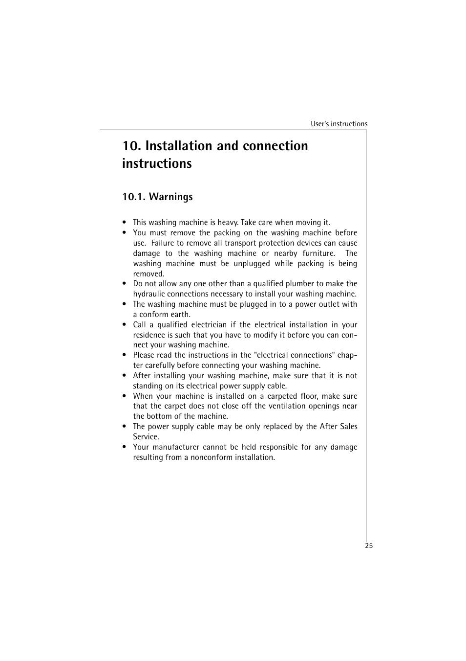 Installation and connection instructions, Warnings | AEG LAVAMAT 40850 User Manual | Page 25 / 32