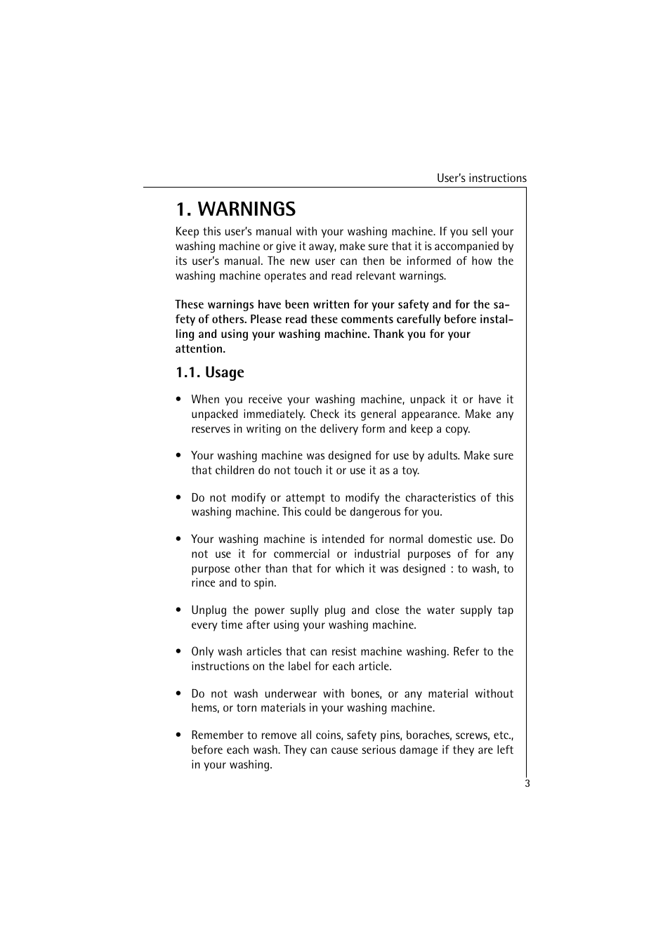Warnings, Usage | AEG LAVAMAT 40850 User Manual | Page 3 / 32