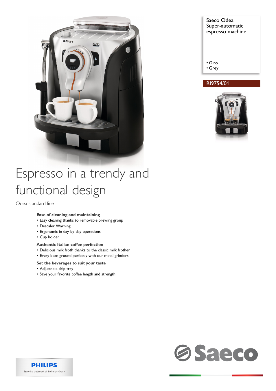Philips Saeco Odea Cafetera expreso súper automática User Manual | 3 pages