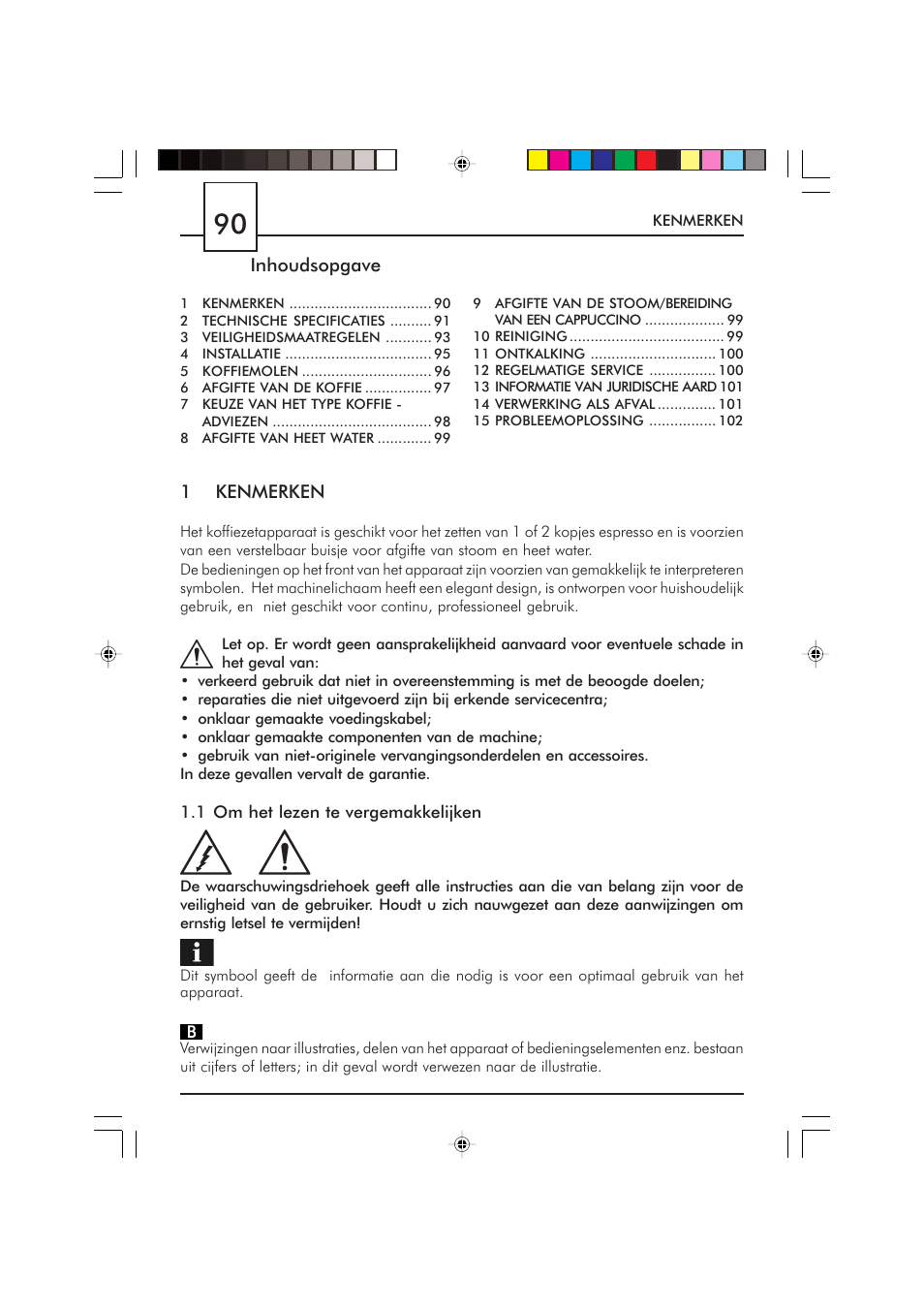 Inhoudsopgave, 1kenmerken | Philips Saeco Via Veneto Cafetera expreso manual User Manual | Page 90 / 104