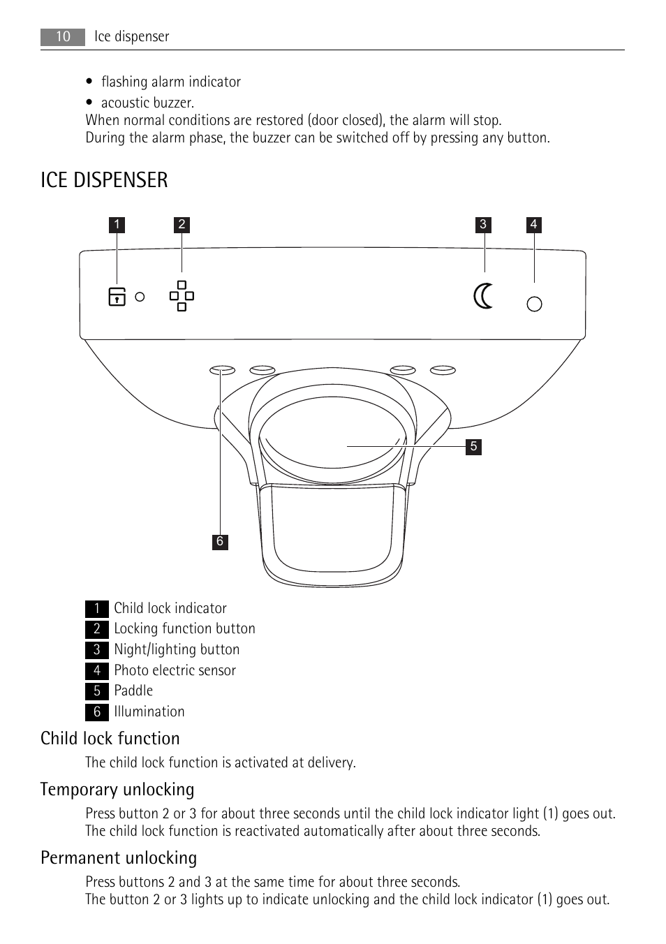 Ice dispenser, Child lock function, Temporary unlocking | Permanent unlocking | AEG A92860GNX0 User Manual | Page 10 / 28
