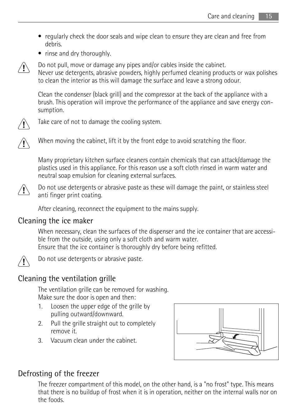 Cleaning the ice maker, Cleaning the ventilation grille, Defrosting of the freezer | AEG A92860GNX0 User Manual | Page 15 / 28