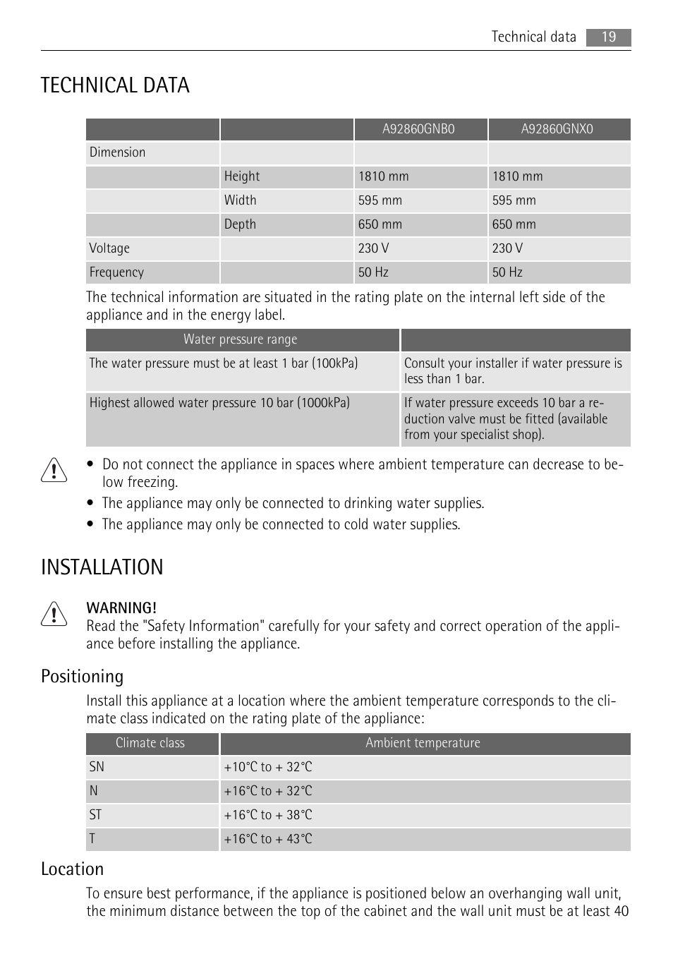 Technical data, Installation, Positioning | Location | AEG A92860GNX0 User Manual | Page 19 / 28