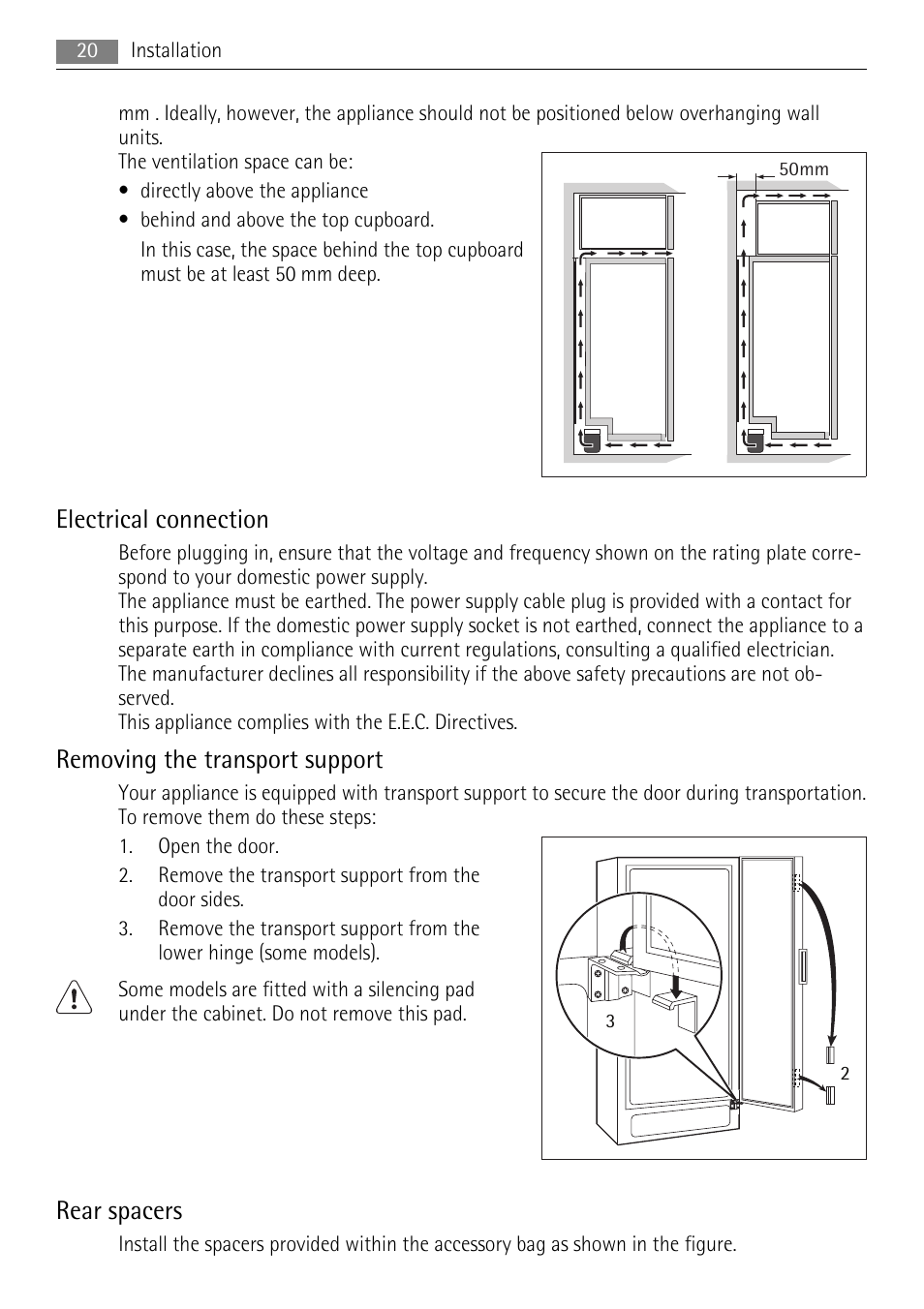 Electrical connection, Removing the transport support, Rear spacers | AEG A92860GNX0 User Manual | Page 20 / 28