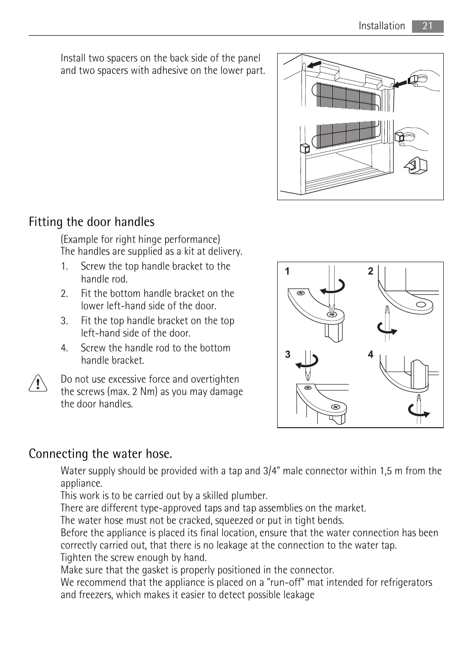 Fitting the door handles, Connecting the water hose | AEG A92860GNX0 User Manual | Page 21 / 28