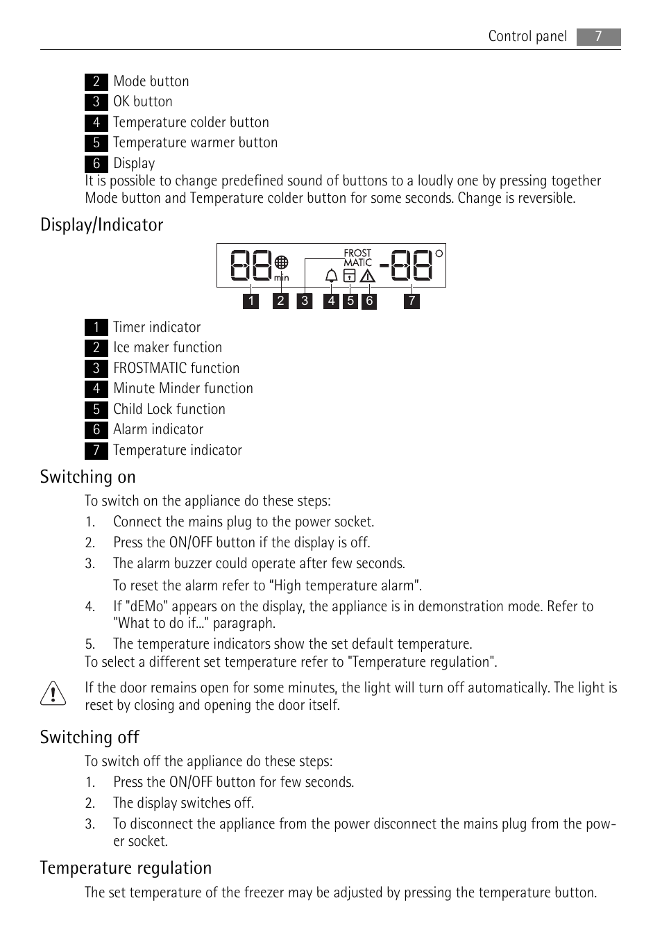 Display/indicator, Switching on, Switching off | Temperature regulation | AEG A92860GNX0 User Manual | Page 7 / 28