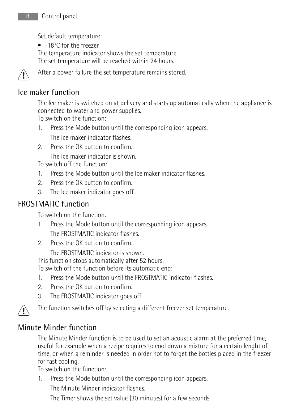 Ice maker function, Frostmatic function, Minute minder function | AEG A92860GNX0 User Manual | Page 8 / 28