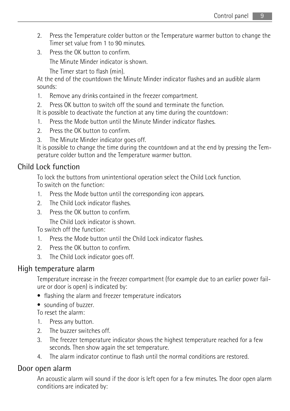 Child lock function, High temperature alarm, Door open alarm | AEG A92860GNX0 User Manual | Page 9 / 28
