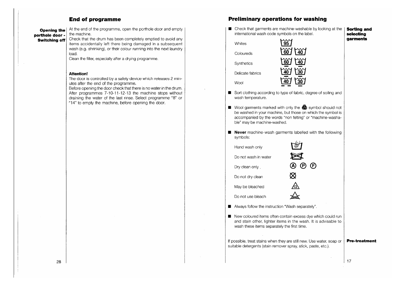 End of programme, Preliminary operations for washing | AEG 1263 User Manual | Page 17 / 22