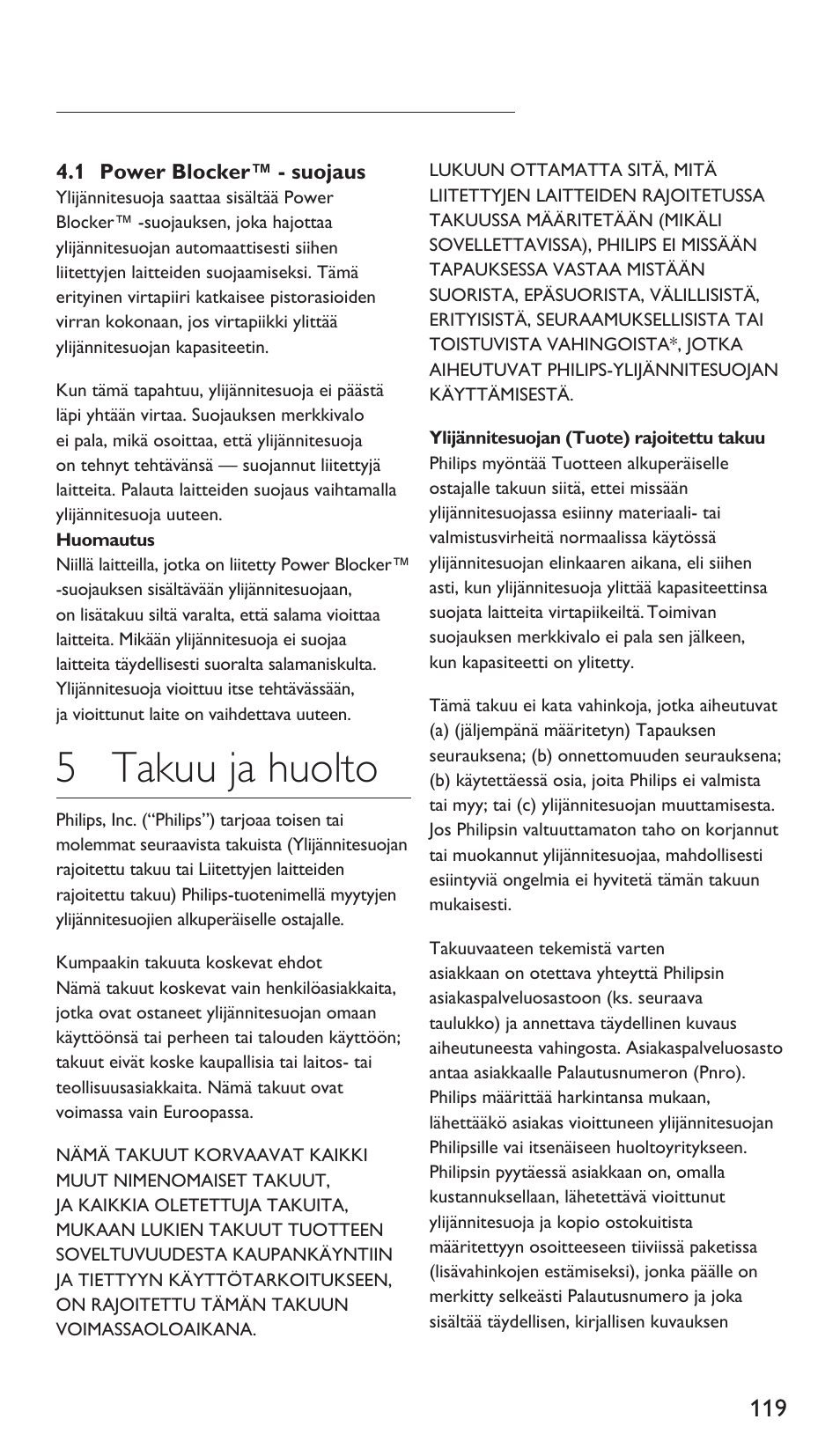 5 takuu ja huolto | Philips Multiplicador de potencia User Manual | Page 119 / 122