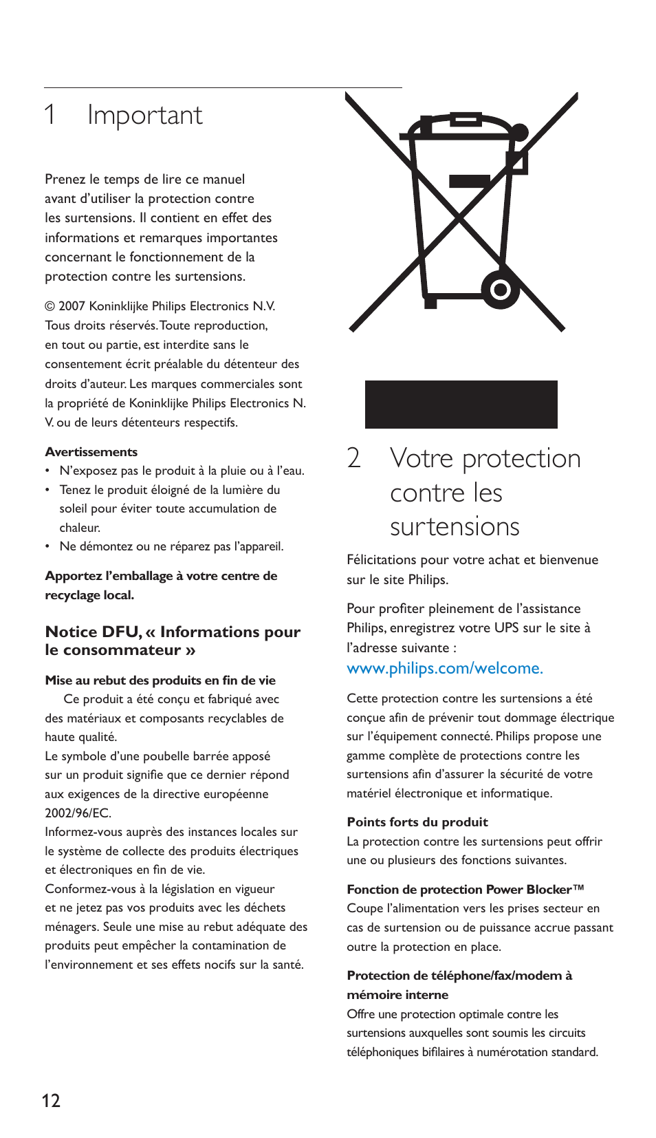 1 important, 2 votre protection contre les surtensions | Philips Multiplicador de potencia User Manual | Page 12 / 122