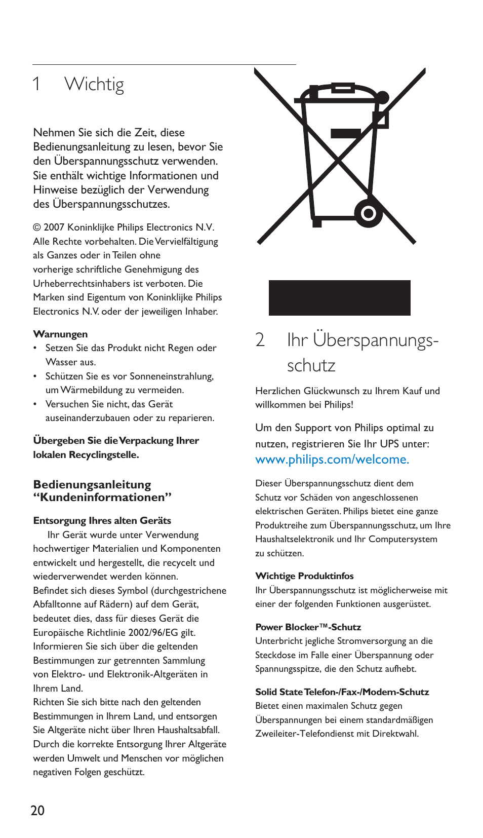 1 wichtig, 2 ihr überspannungs- schutz | Philips Multiplicador de potencia User Manual | Page 20 / 122