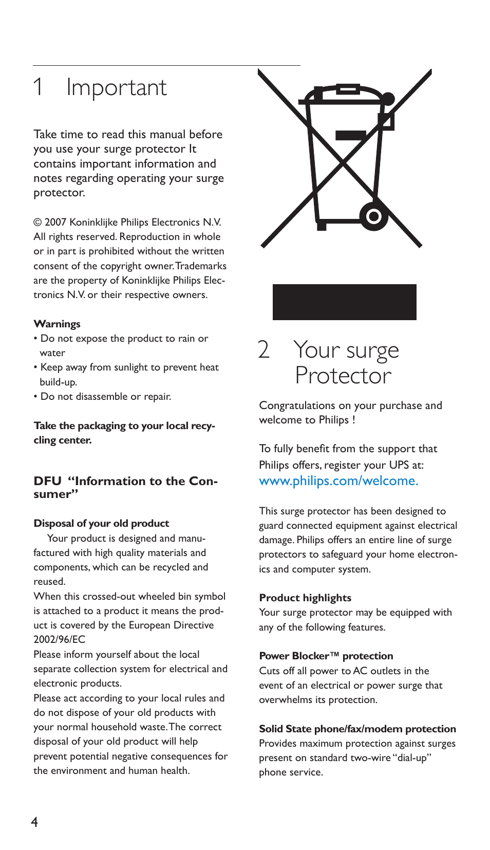 1 important, 2 your surge protector | Philips Multiplicador de potencia User Manual | Page 4 / 122