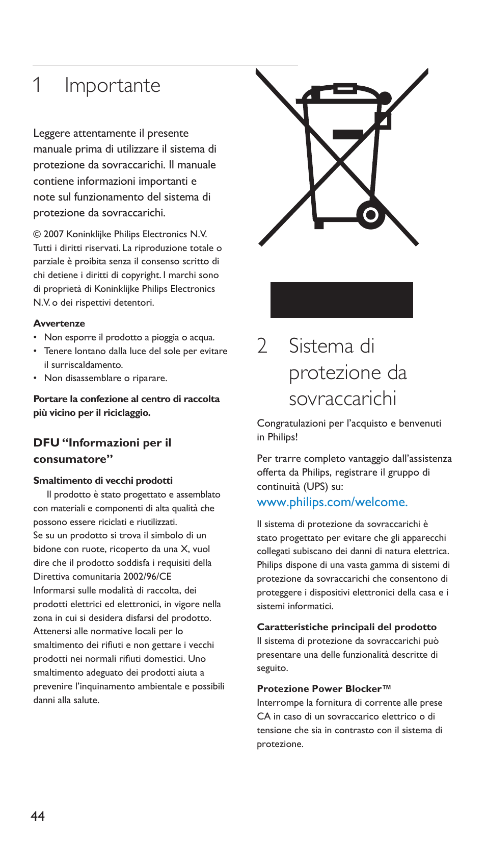 1 importante, 2 sistema di protezione da sovraccarichi | Philips Multiplicador de potencia User Manual | Page 44 / 122