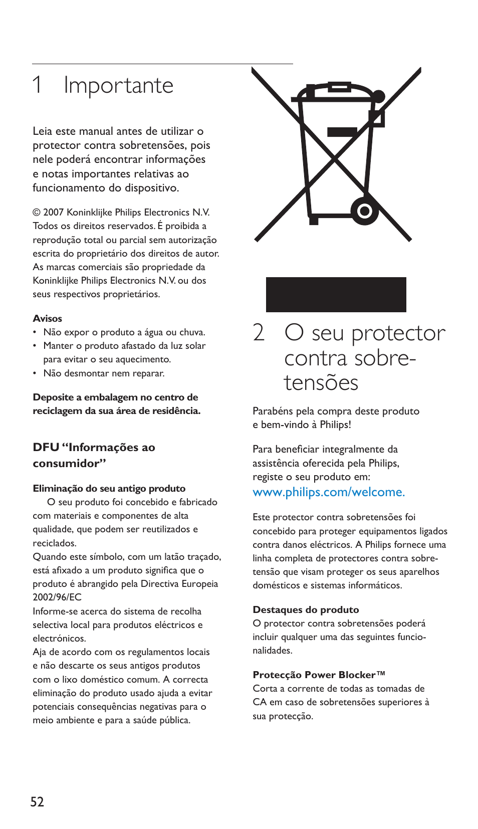 1 importante, 2 o seu protector contra sobre- tensões | Philips Multiplicador de potencia User Manual | Page 52 / 122