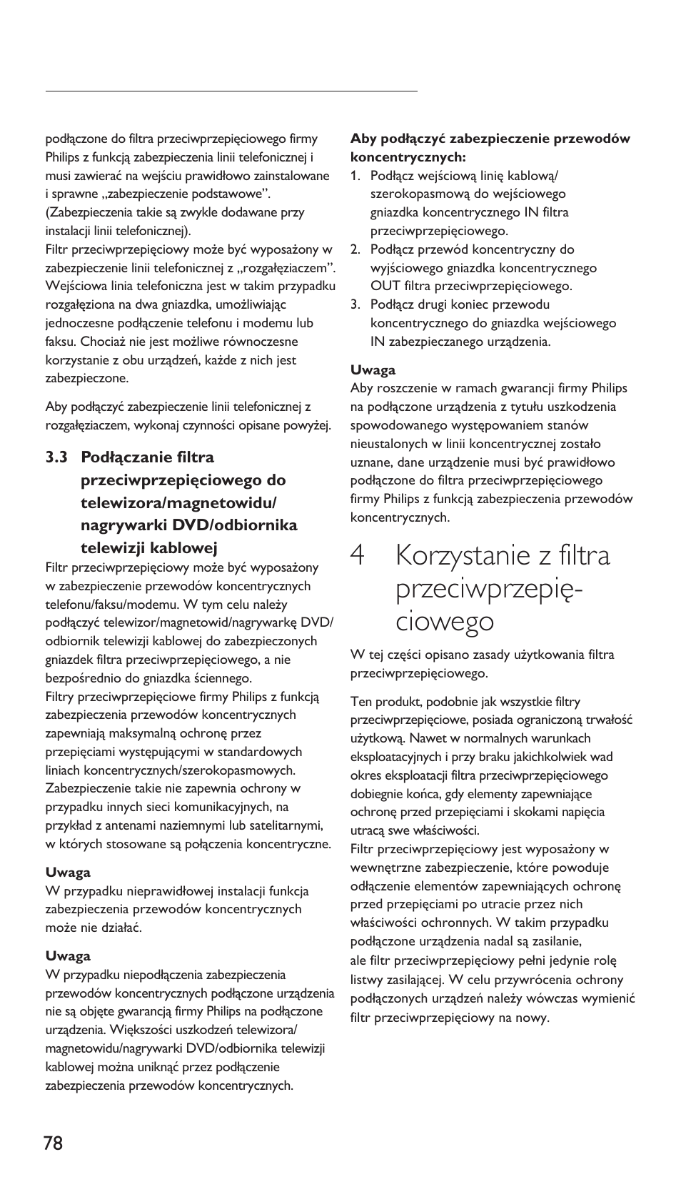 4 korzystanie z filtra przeciwprzepię- ciowego | Philips Multiplicador de potencia User Manual | Page 78 / 122