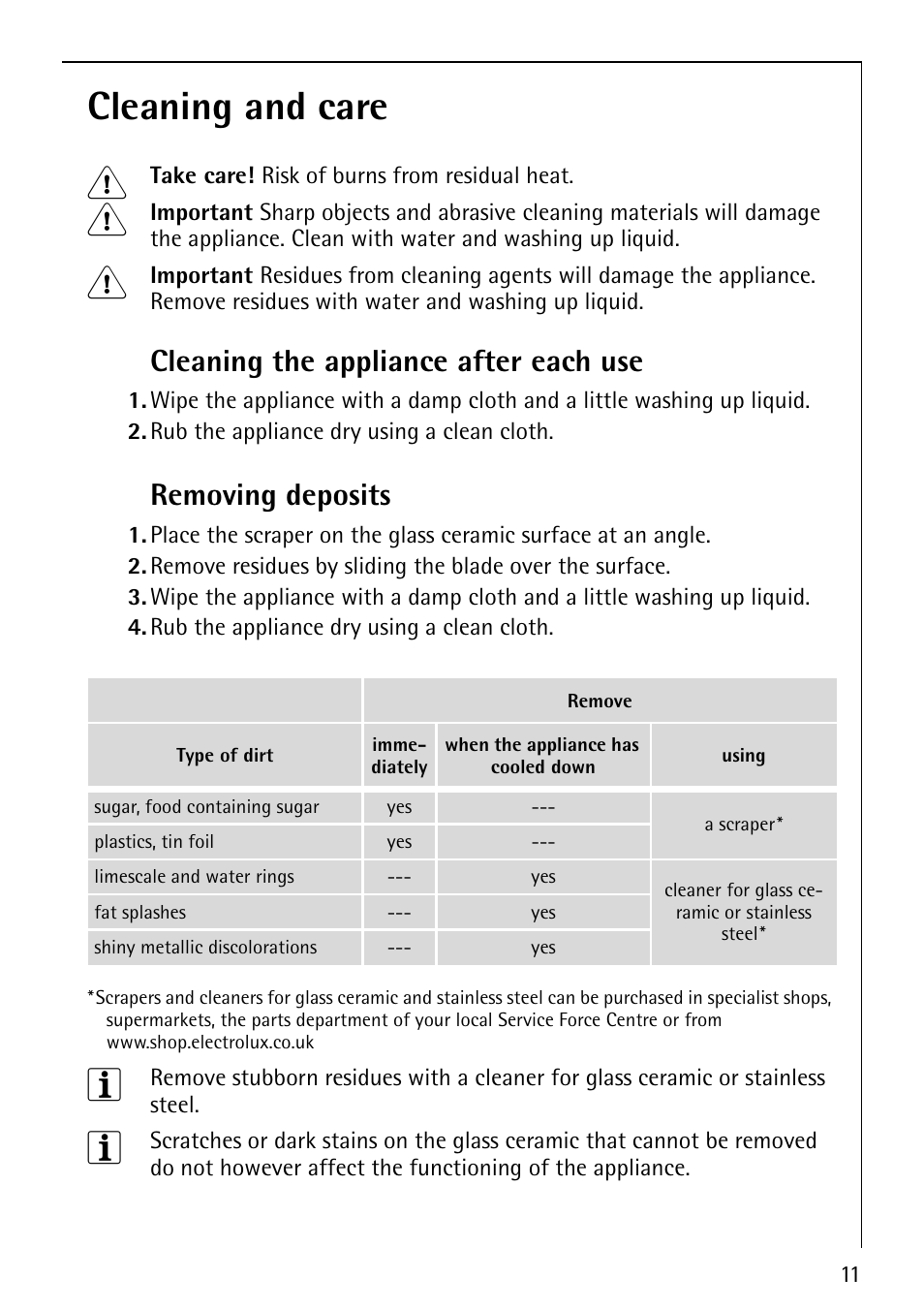 Cleaning and care 1, Cleaning the appliance after each use, Removing deposits | AEG 6010 K User Manual | Page 11 / 20