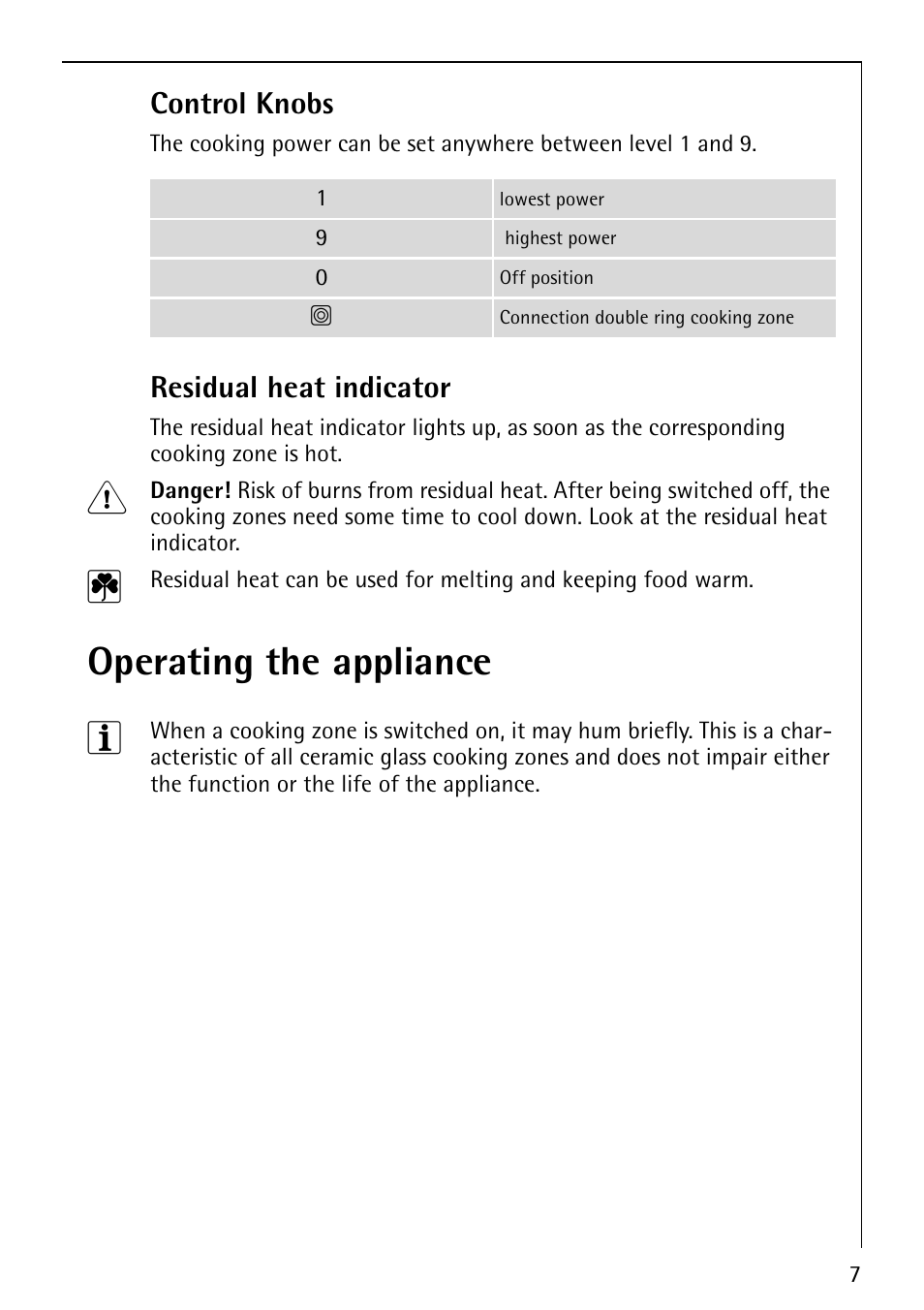 Operating the appliance 3, Control knobs, Residual heat indicator | AEG 6010 K User Manual | Page 7 / 20