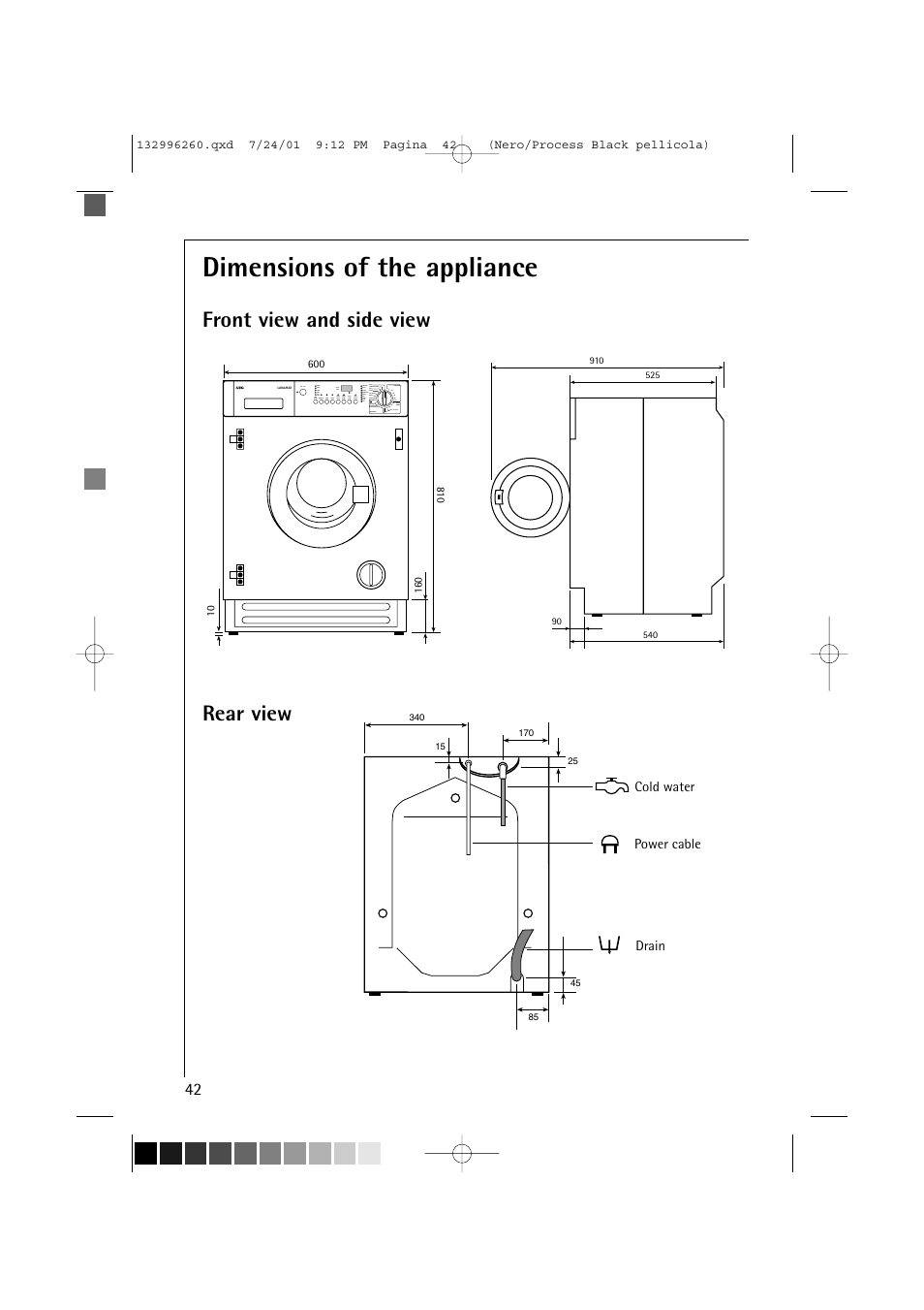 Dimensions of the appliance, Front view and side view rear view | AEG LAVAMAT 10500 VI User Manual | Page 42 / 52