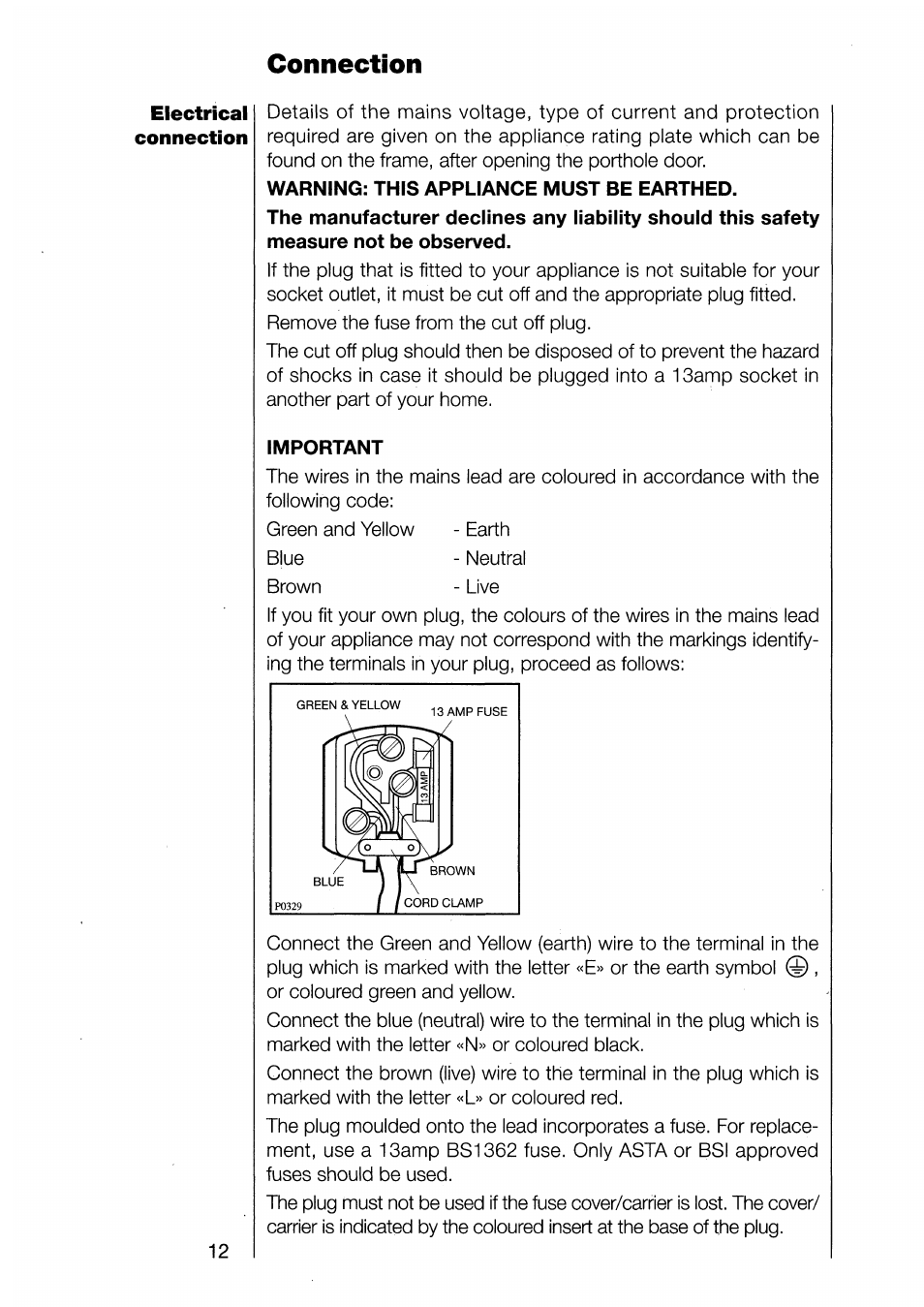 Connection, Warning: this appliance must be earthed, Important | AEG 1370-1 User Manual | Page 12 / 44