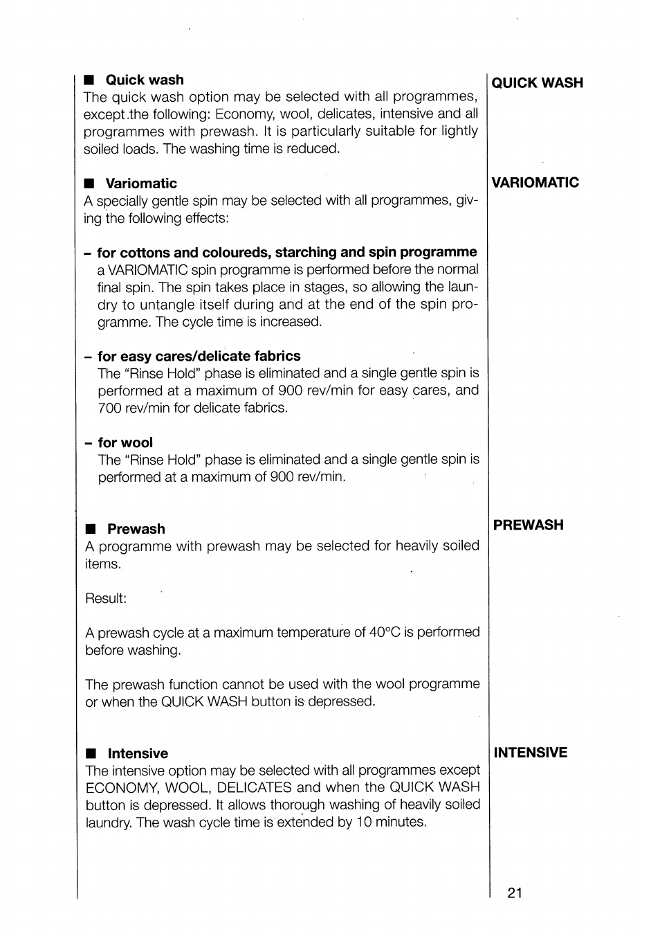 Quick wash, Variomatic, For easy cares/delicate fabrics | For wool, Prewash, Intensive | AEG 1370-1 User Manual | Page 21 / 44