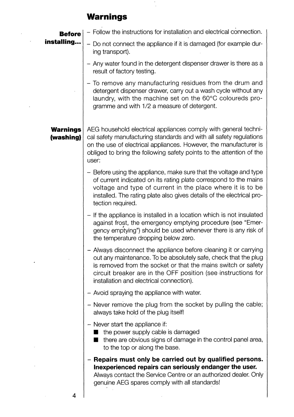 Warnings | AEG 1370-1 User Manual | Page 4 / 44