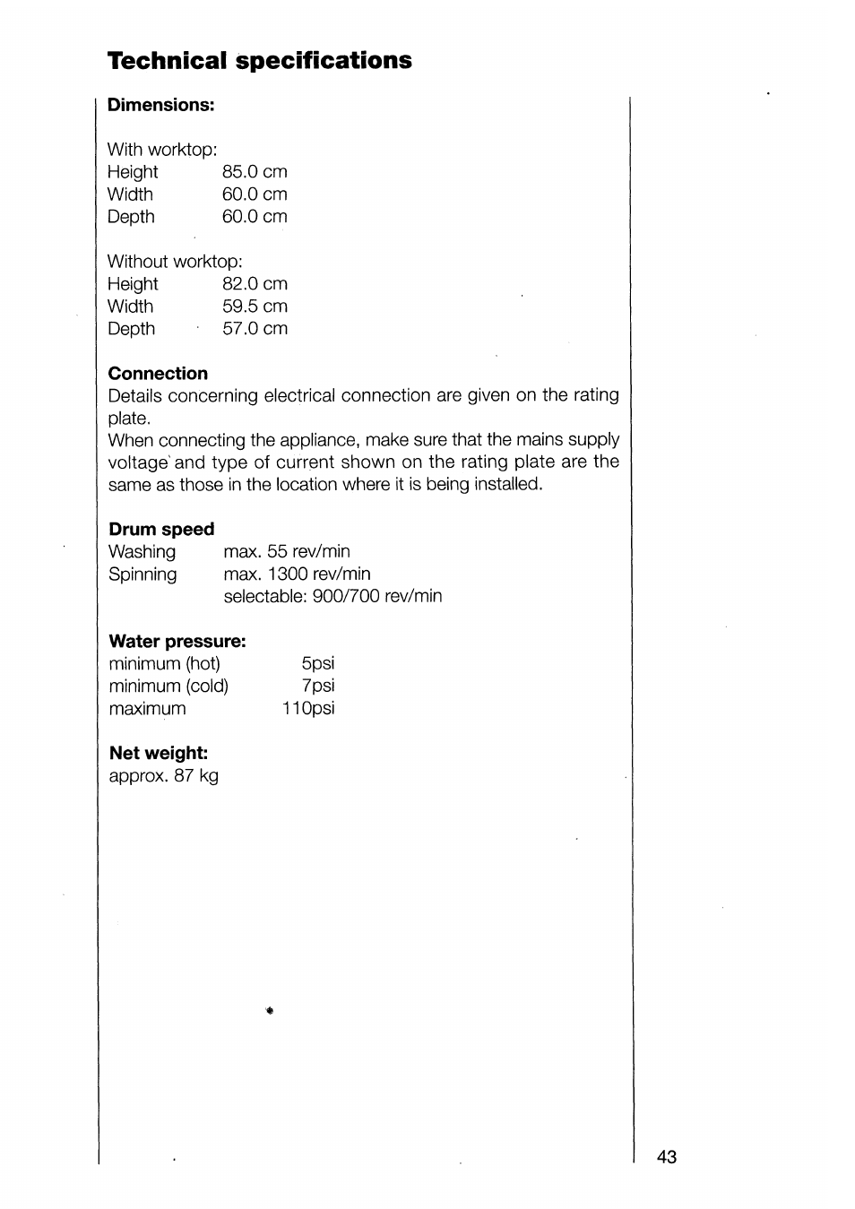 Technical specifications, Dimensions, Connection | Drum speed, Water pressure, Net weight | AEG 1370-1 User Manual | Page 43 / 44