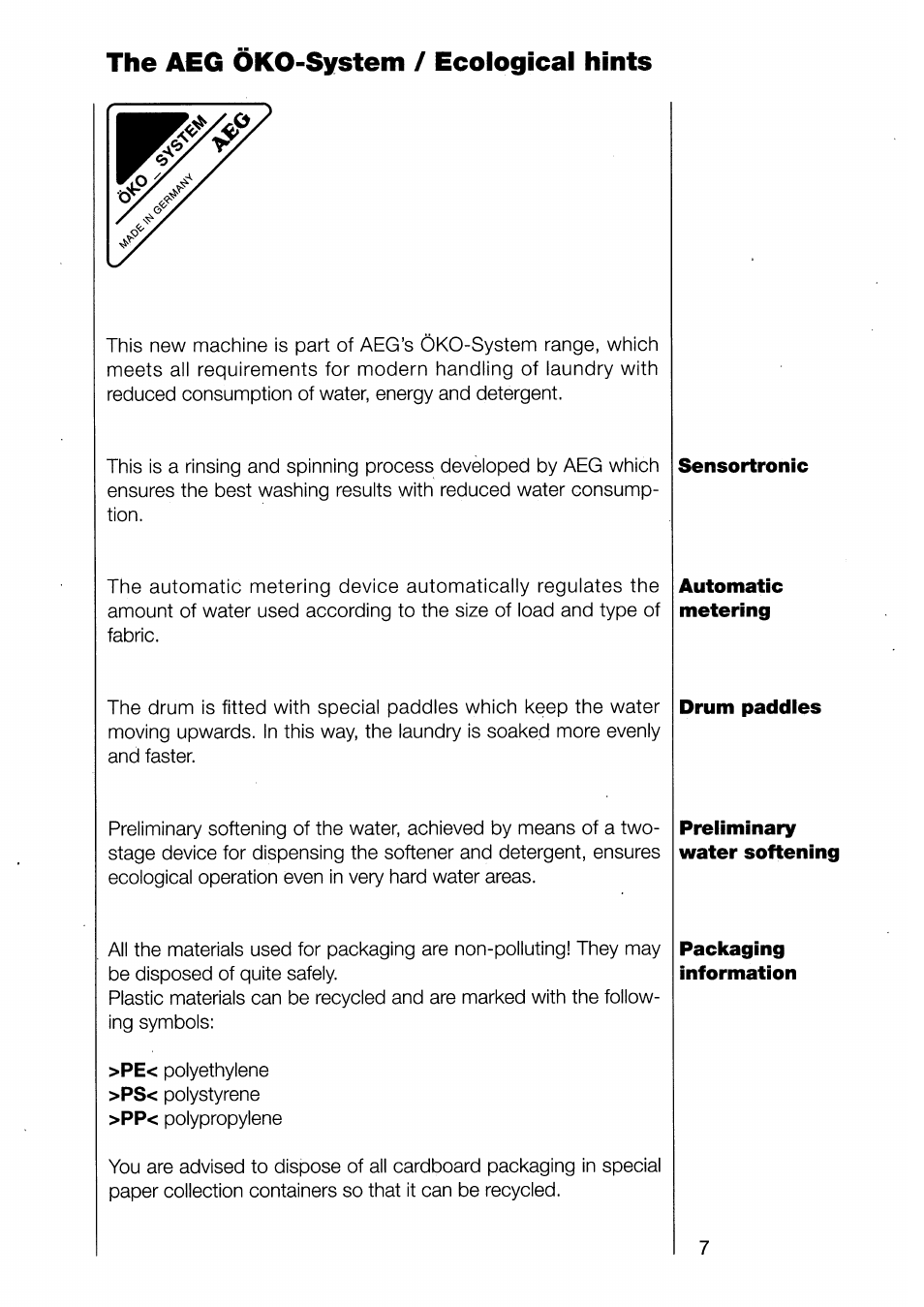 The aeg oko-system / ecological hints | AEG 1370-1 User Manual | Page 7 / 44
