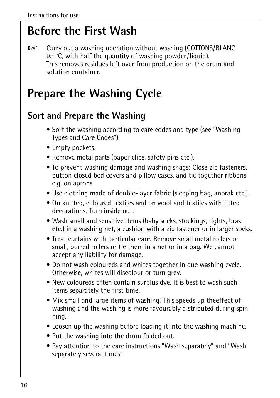 Before the first wash, Prepare the washing cycle, Sort and prepare the washing | AEG KO-LAVAMAT 88830 User Manual | Page 16 / 56